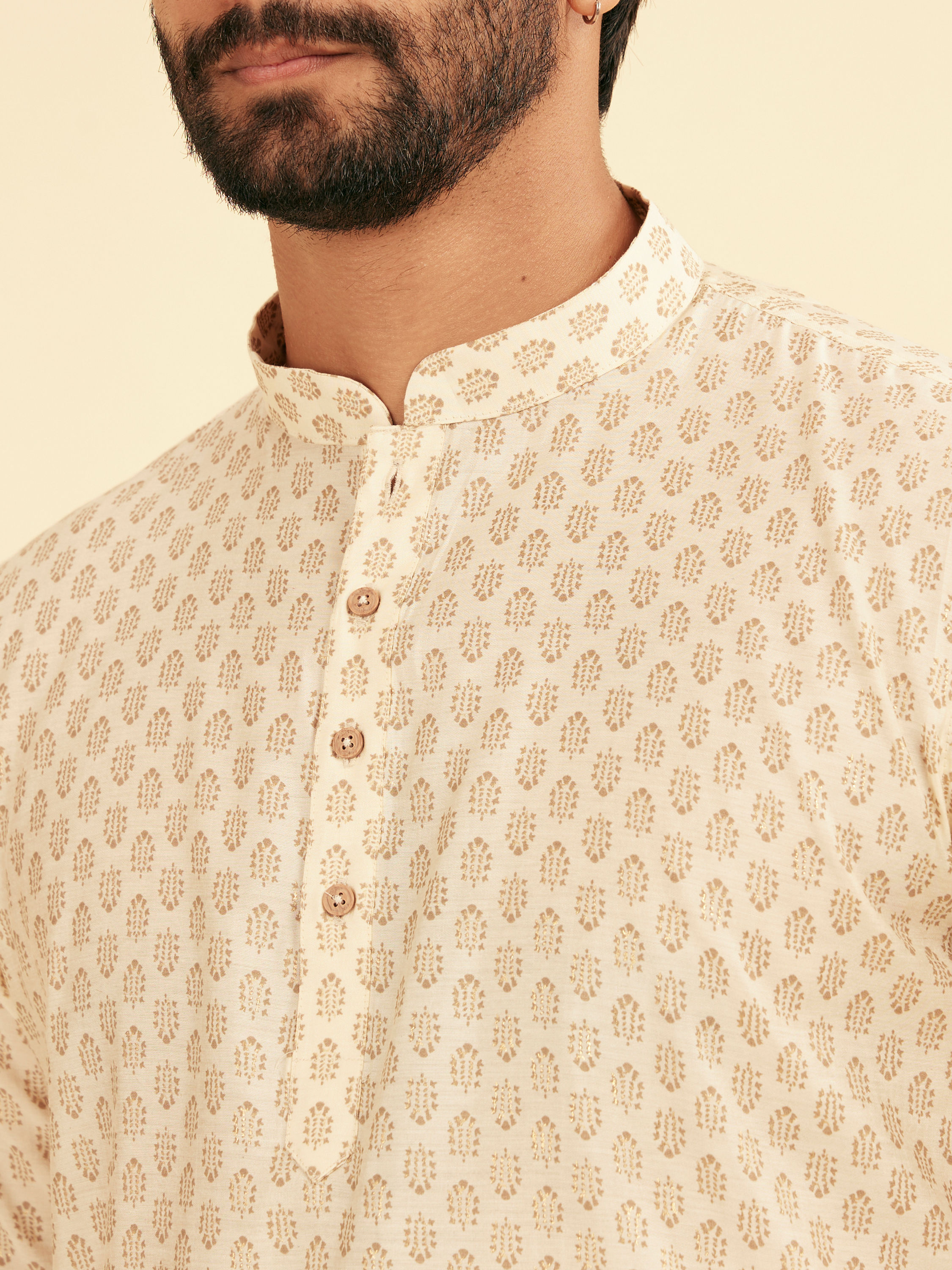 Manyavar Men Cream Beige Fern Patterned Short Kurta
