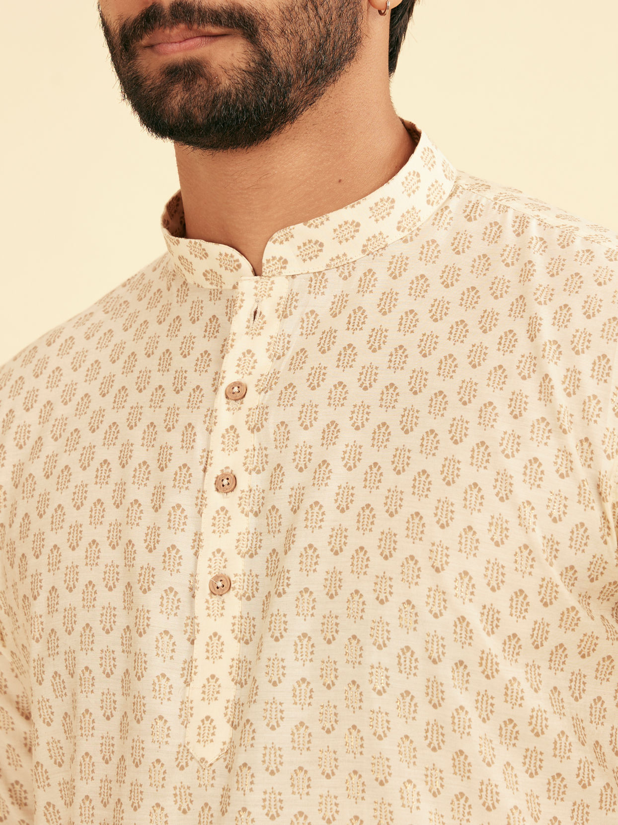 Manyavar Men Cream Beige Fern Patterned Short Kurta