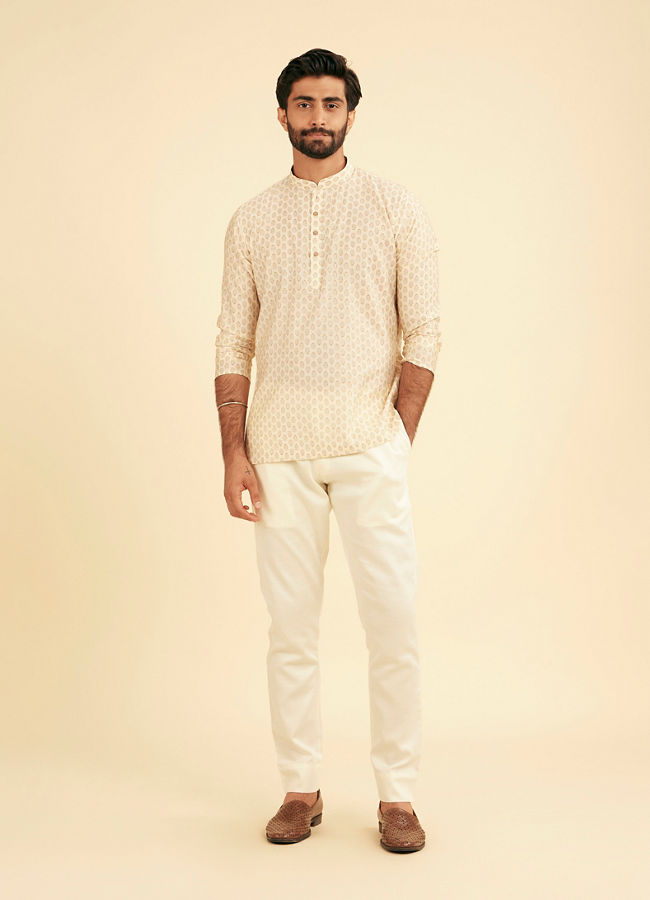 Manyavar Men Cream Beige Fern Patterned Short Kurta