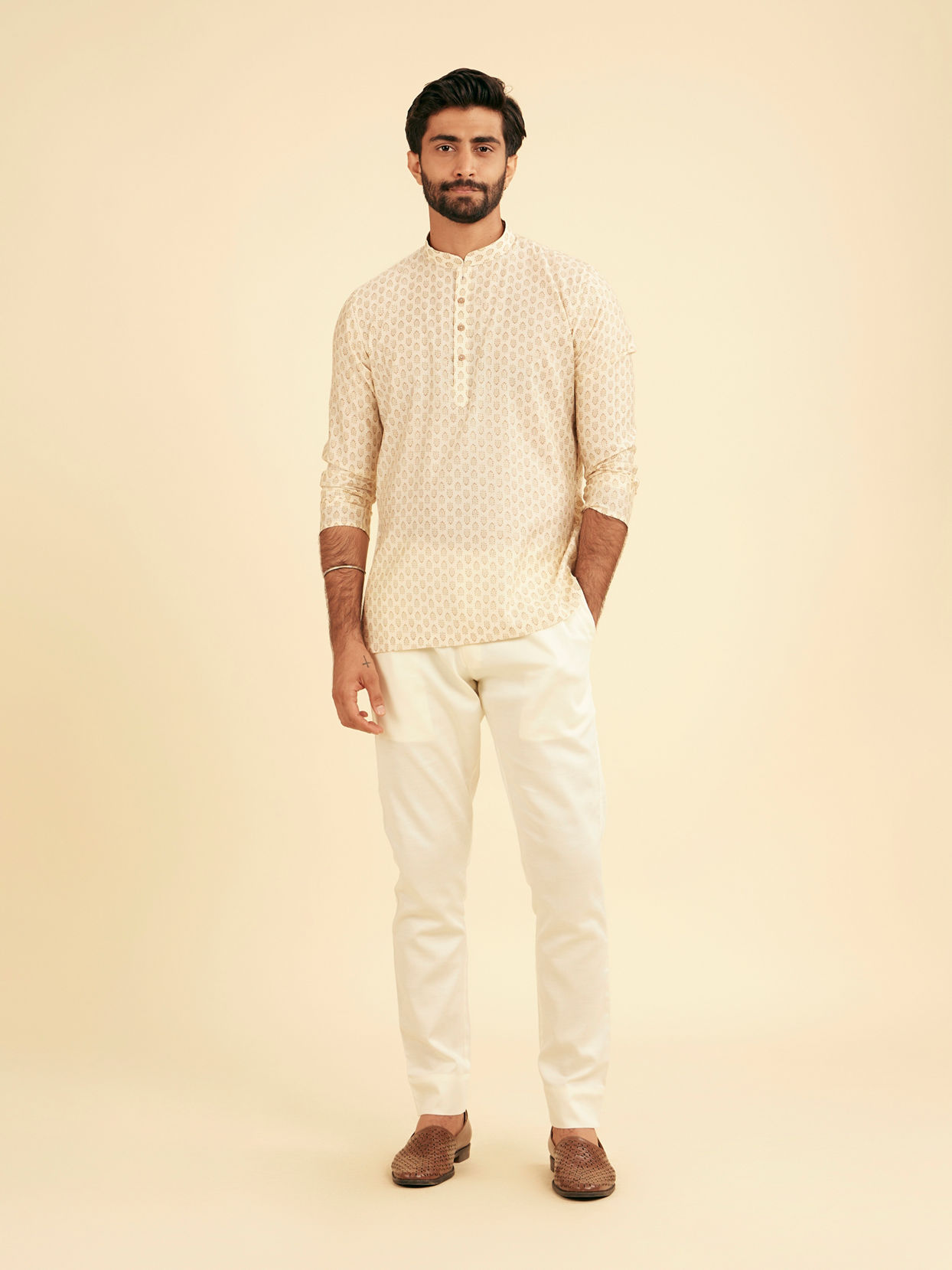 Manyavar Men Cream Beige Fern Patterned Short Kurta
