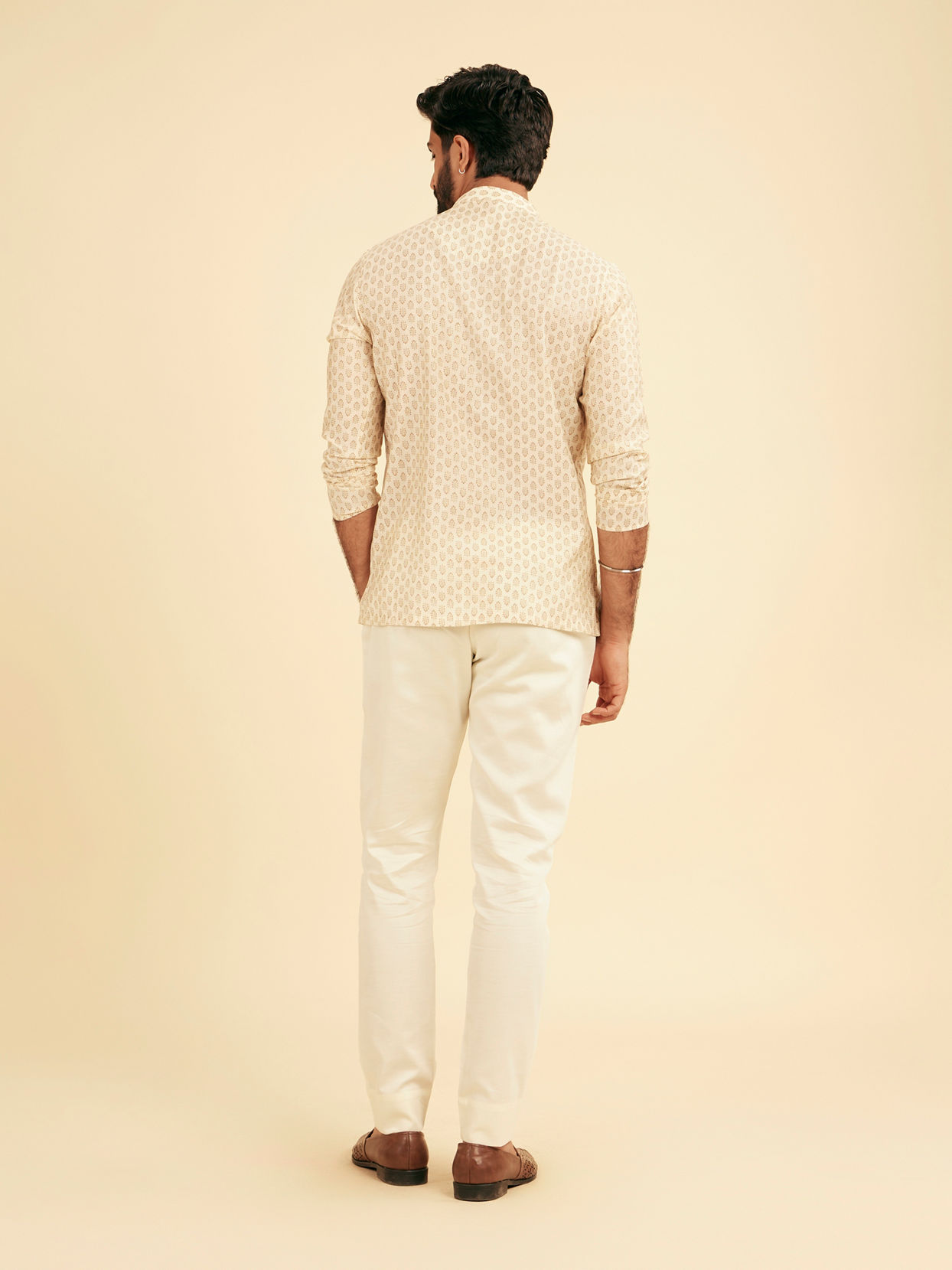 Manyavar Men Cream Beige Fern Patterned Short Kurta