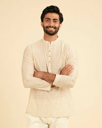 Manyavar Men Cream Beige Buta Jaal Printed Short Kurta