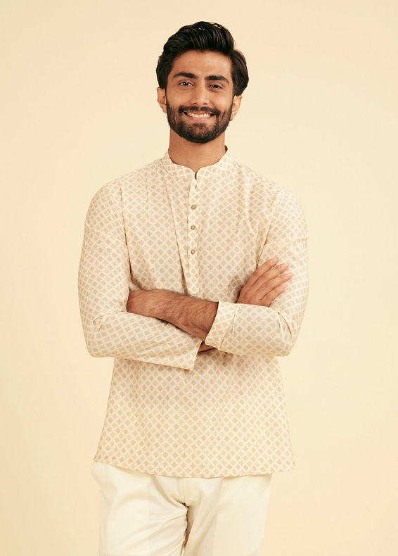 Manyavar Men Cream Beige Buta Jaal Printed Short Kurta