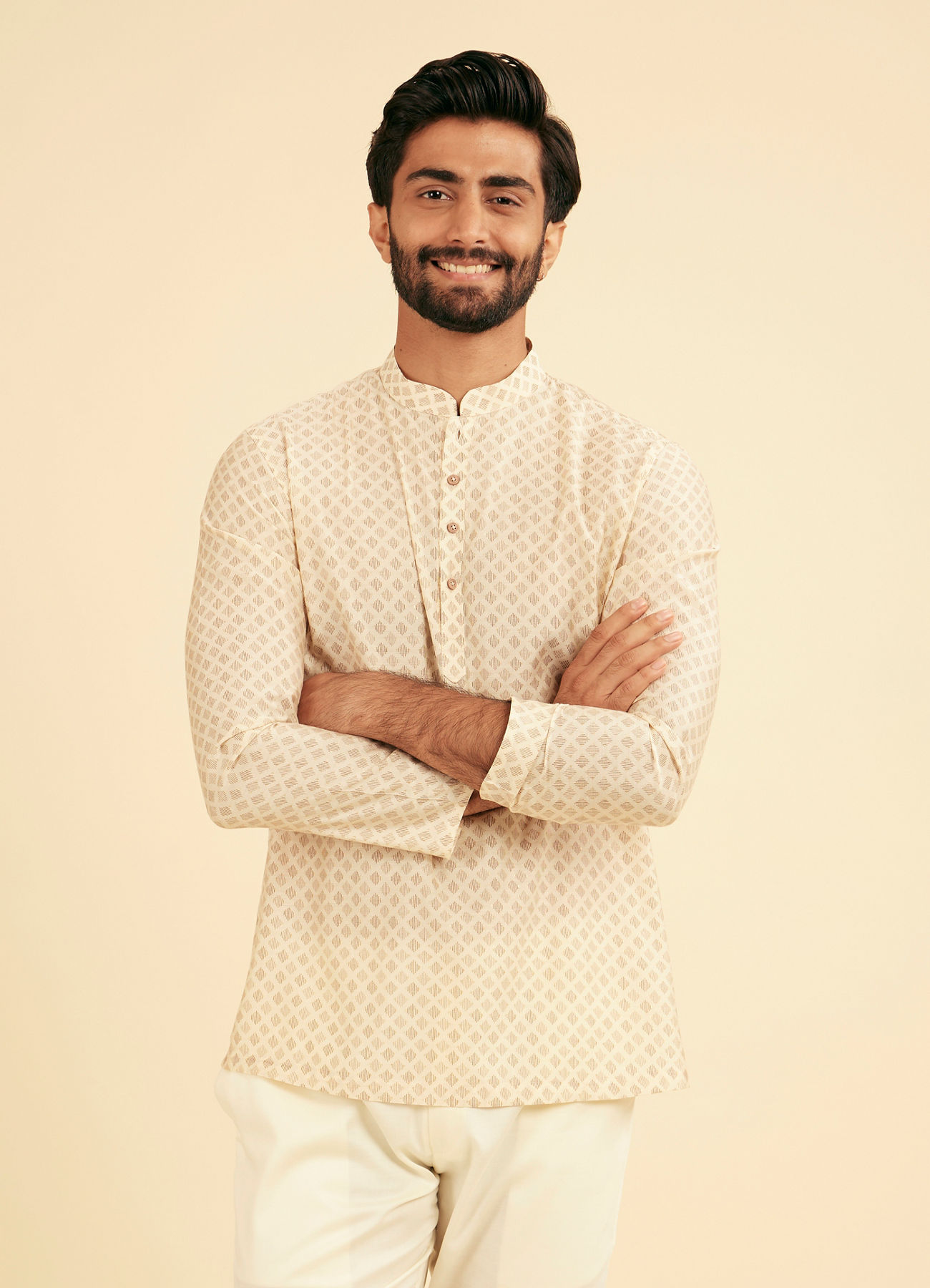 Manyavar Men Cream Beige Buta Jaal Printed Short Kurta