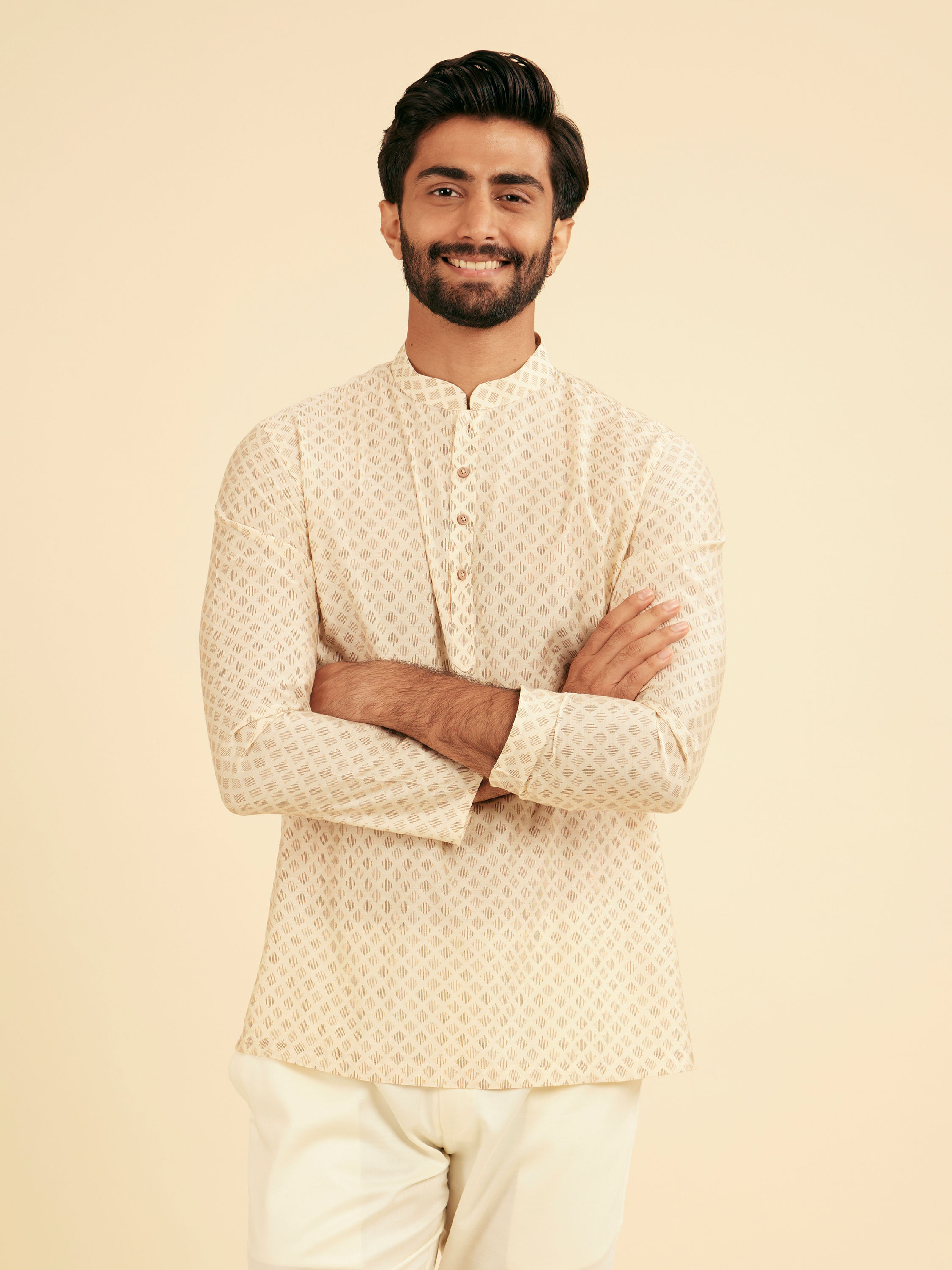 Manyavar Men Cream Beige Buta Jaal Printed Short Kurta