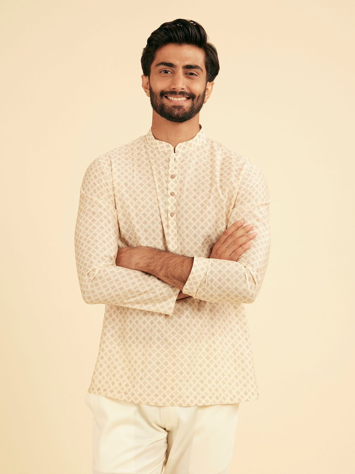 Manyavar Men Cream Beige Buta Jaal Printed Short Kurta
