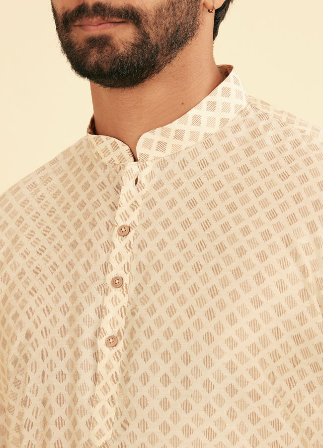 Manyavar Men Cream Beige Buta Jaal Printed Short Kurta
