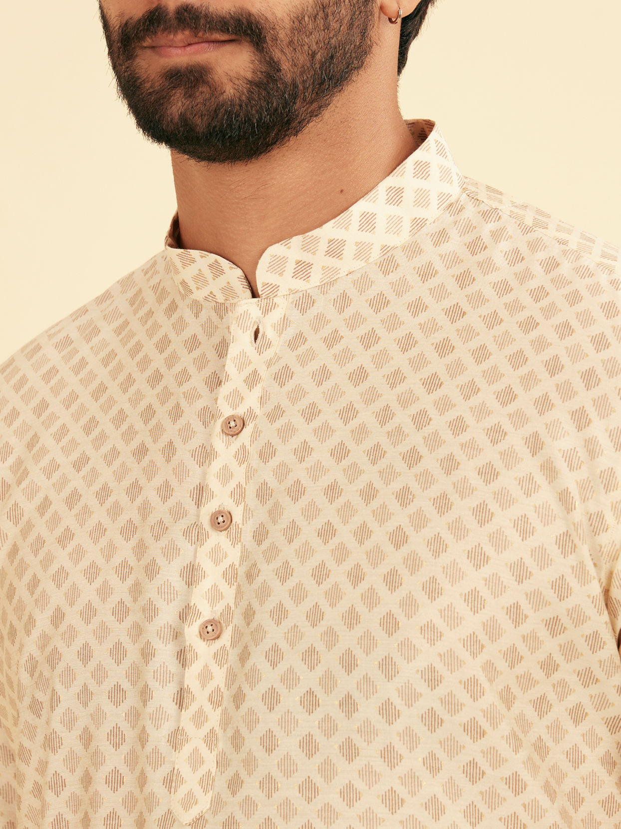 Manyavar Men Cream Beige Buta Jaal Printed Short Kurta