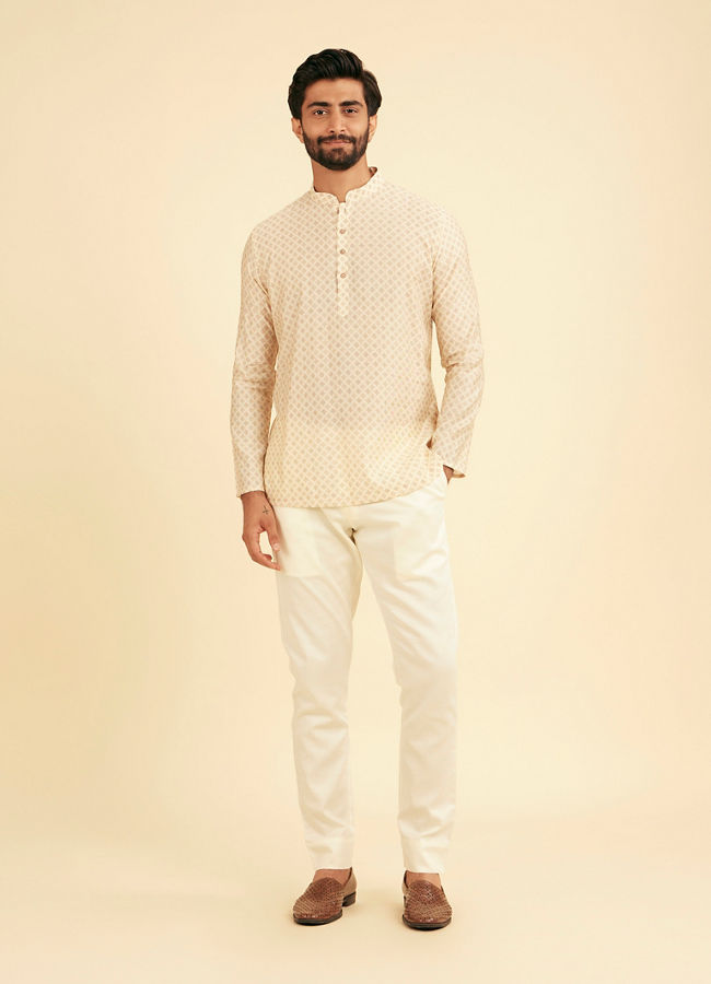 Manyavar Men Cream Beige Buta Jaal Printed Short Kurta