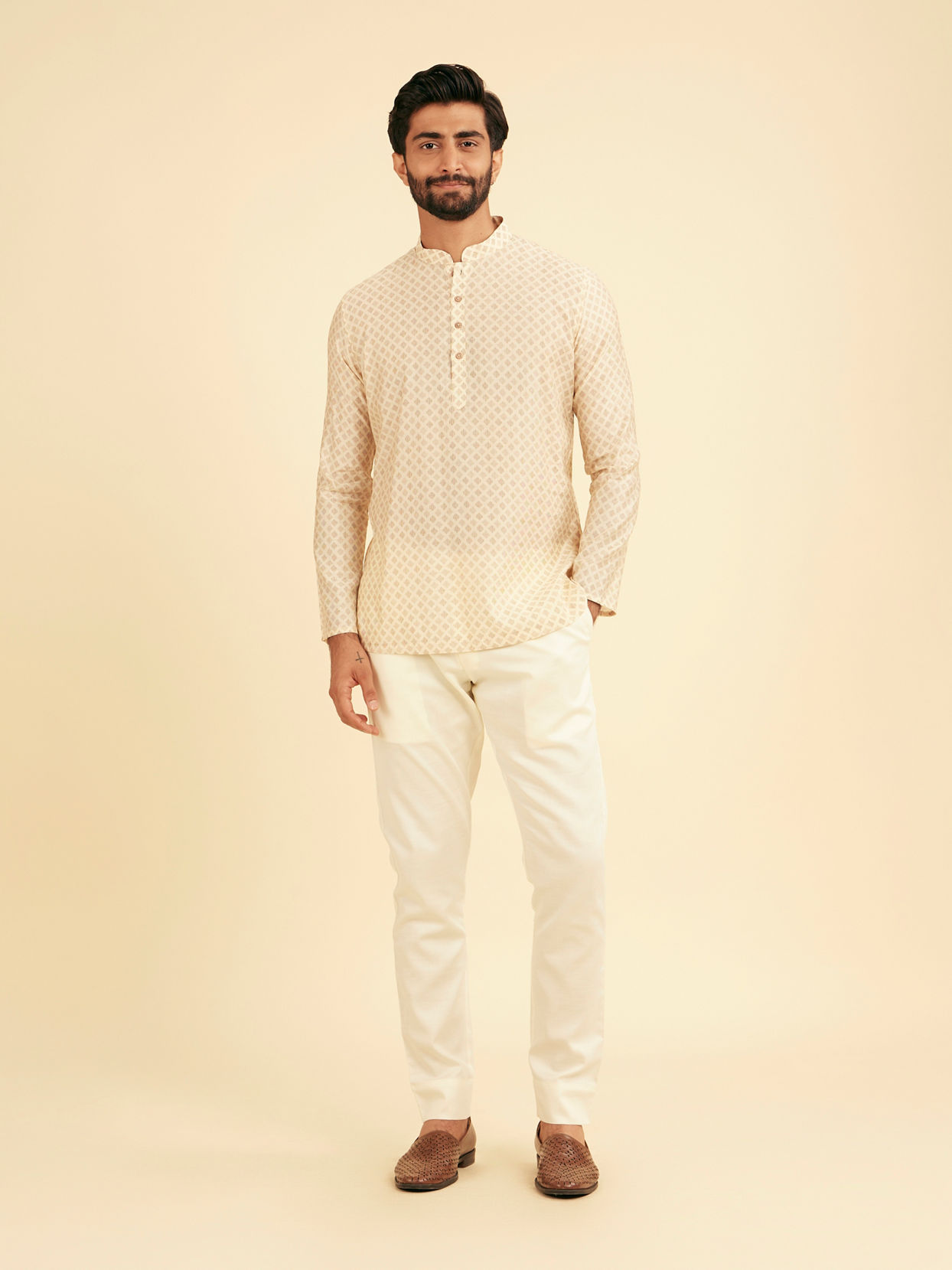 Manyavar Men Cream Beige Buta Jaal Printed Short Kurta