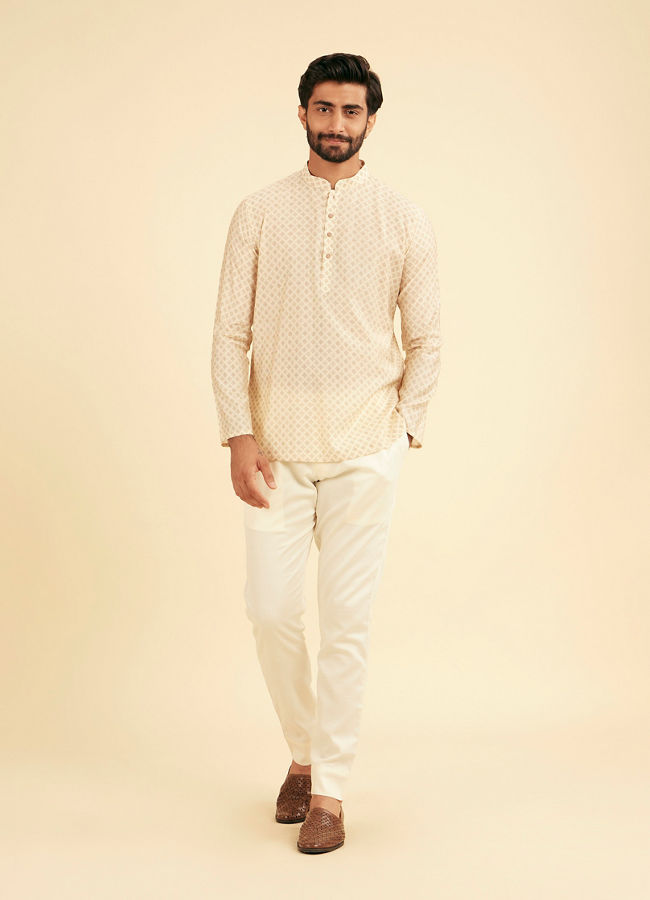 Manyavar Men Cream Beige Buta Jaal Printed Short Kurta