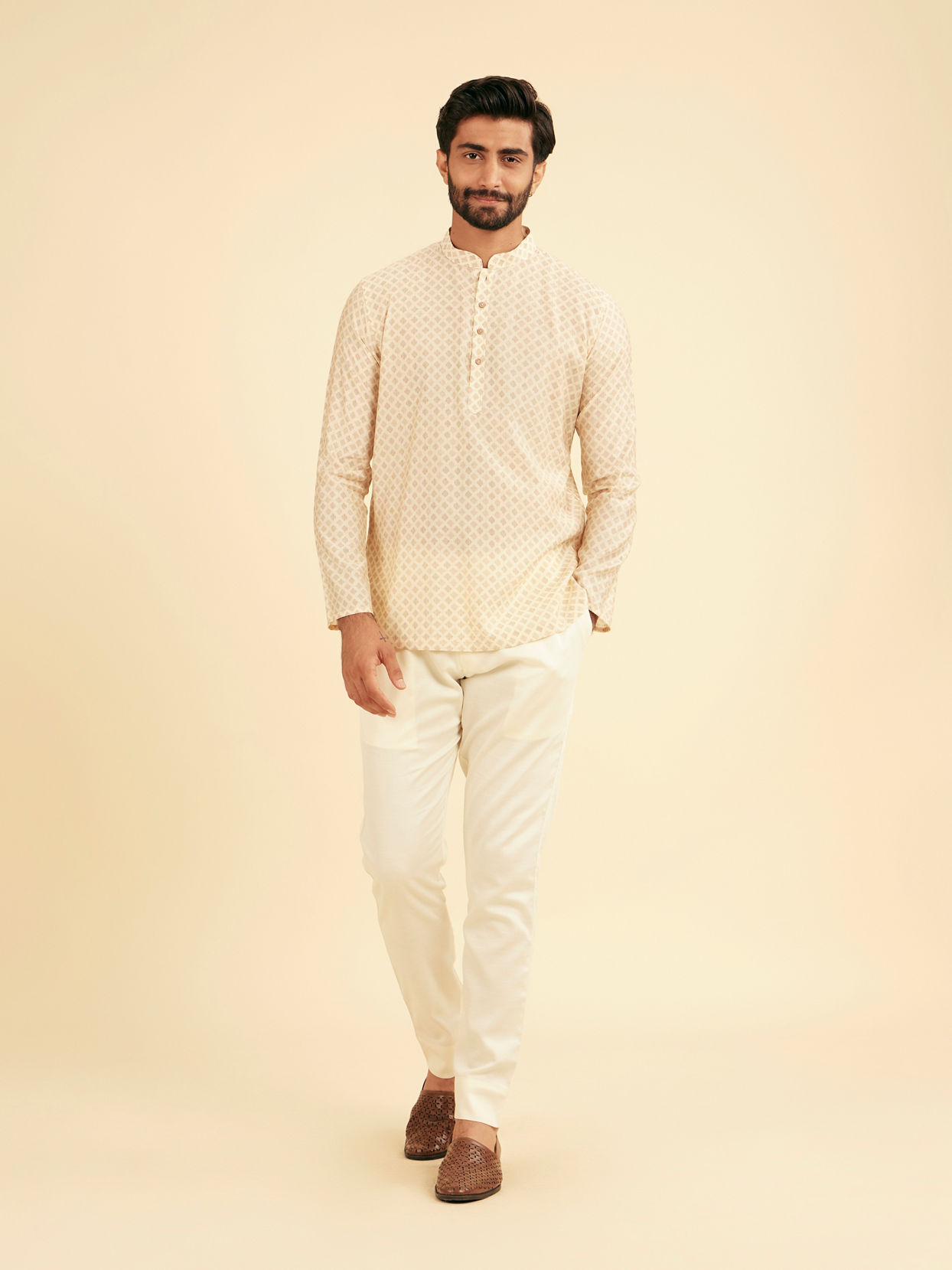 Manyavar Men Cream Beige Buta Jaal Printed Short Kurta