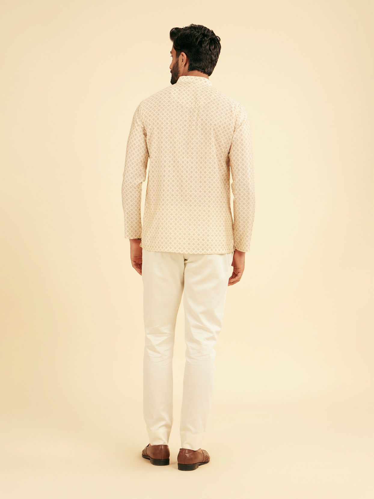 Manyavar Men Cream Beige Buta Jaal Printed Short Kurta