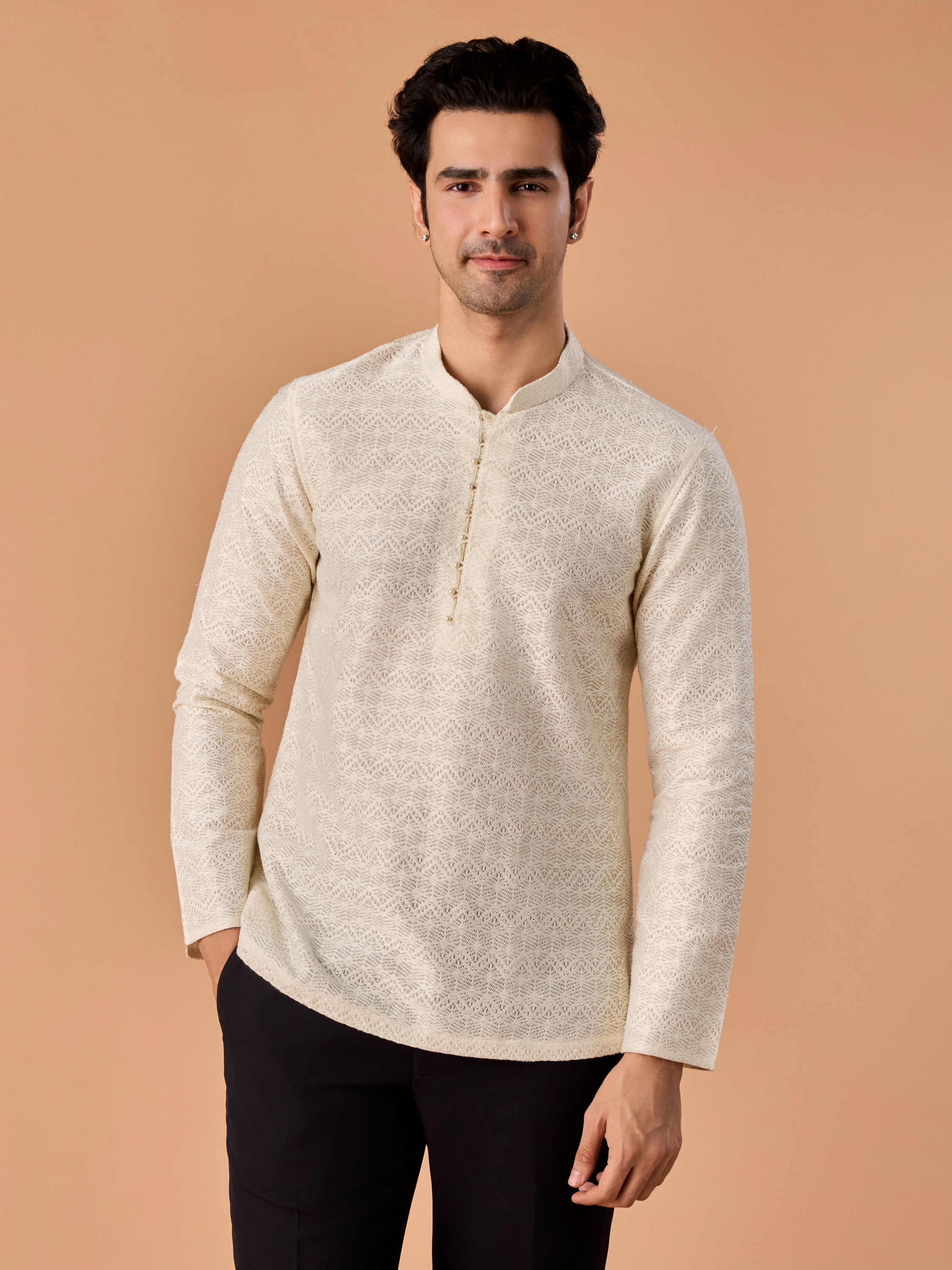 Manyavar Men Warm White Elegance Kurta