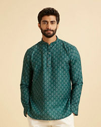 Manyavar Men Teal Green Fern Printed Short Kurta