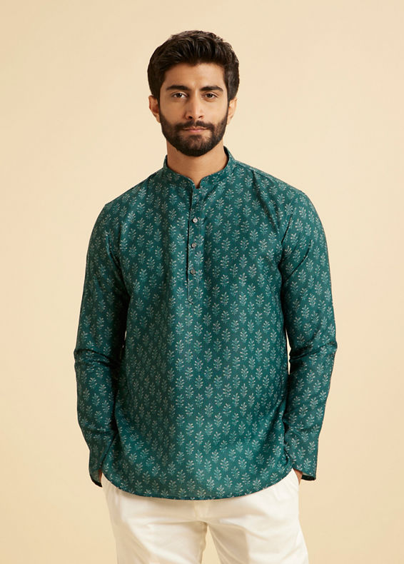 Manyavar Men Teal Green Fern Printed Short Kurta
