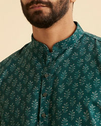 Manyavar Men Teal Green Fern Printed Short Kurta