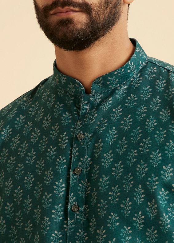 Manyavar Men Teal Green Fern Printed Short Kurta