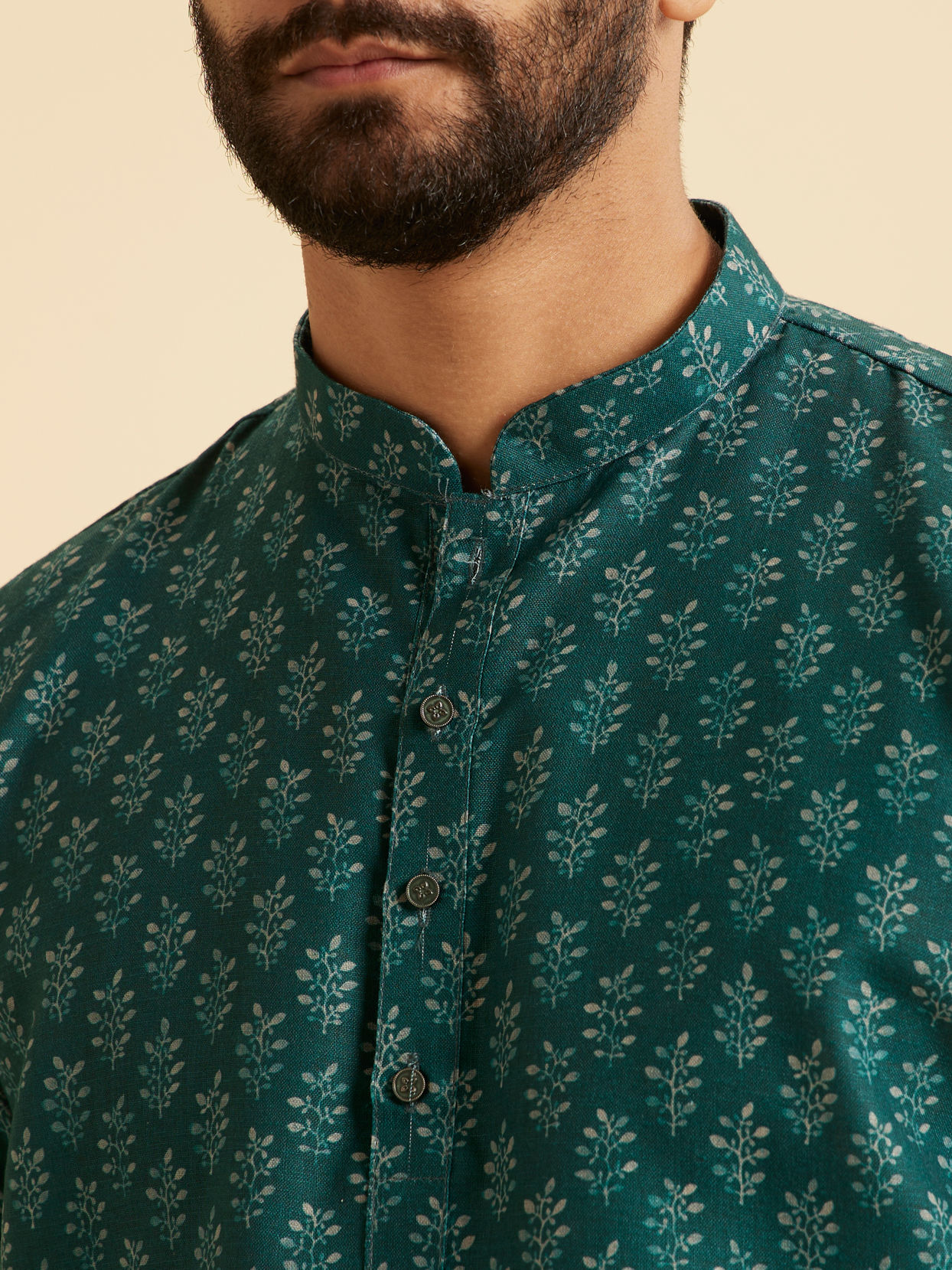 Manyavar Men Teal Green Fern Printed Short Kurta
