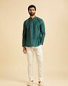 Manyavar Men Teal Green Fern Printed Short Kurta