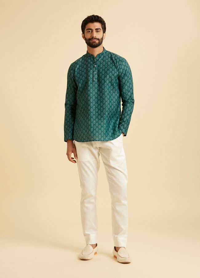Manyavar Men Teal Green Fern Printed Short Kurta