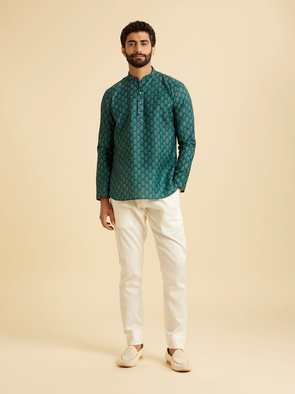 Manyavar Men Teal Green Fern Printed Short Kurta