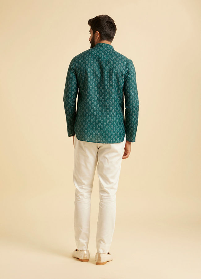 Manyavar Men Teal Green Fern Printed Short Kurta