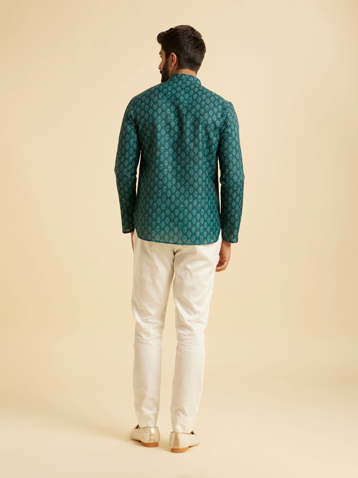 Manyavar Men Teal Green Fern Printed Short Kurta