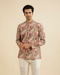Manyavar Men Rust And Beige Abstract Printed Short Kurta
