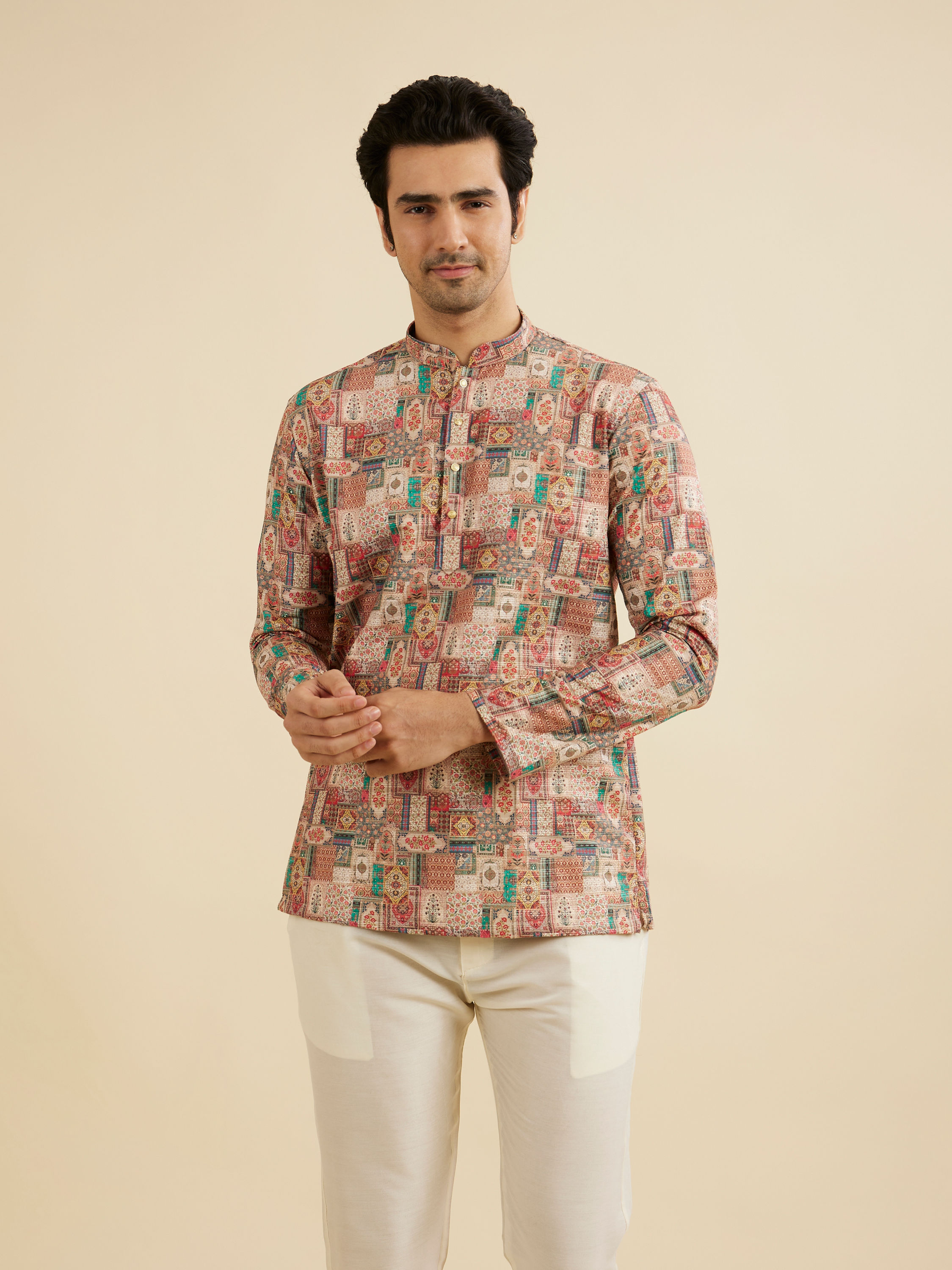 Manyavar Men Rust And Beige Abstract Printed Short Kurta