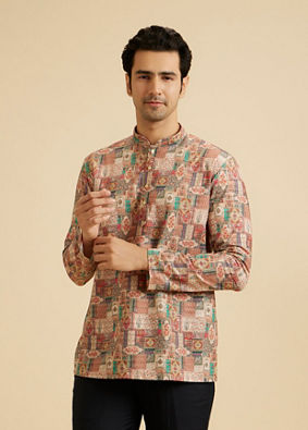 Manyavar Men Rust And Beige Abstract Printed Short Kurta