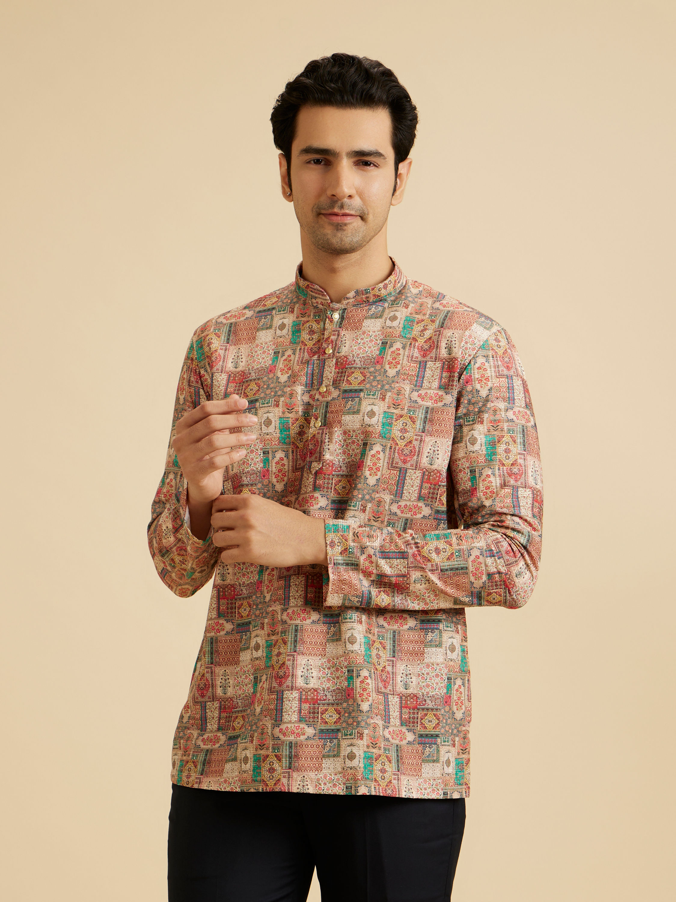 Manyavar Men Rust And Beige Abstract Printed Short Kurta