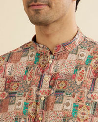 Manyavar Men Rust And Beige Abstract Printed Short Kurta
