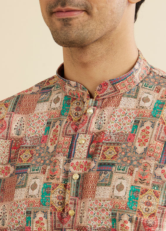 Manyavar Men Rust And Beige Abstract Printed Short Kurta