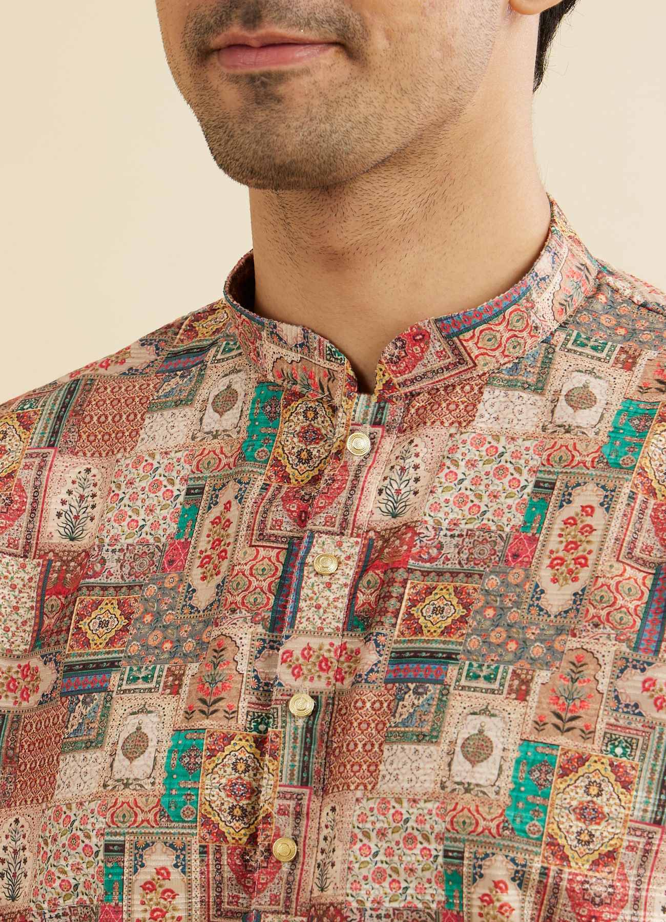Manyavar Men Rust And Beige Abstract Printed Short Kurta