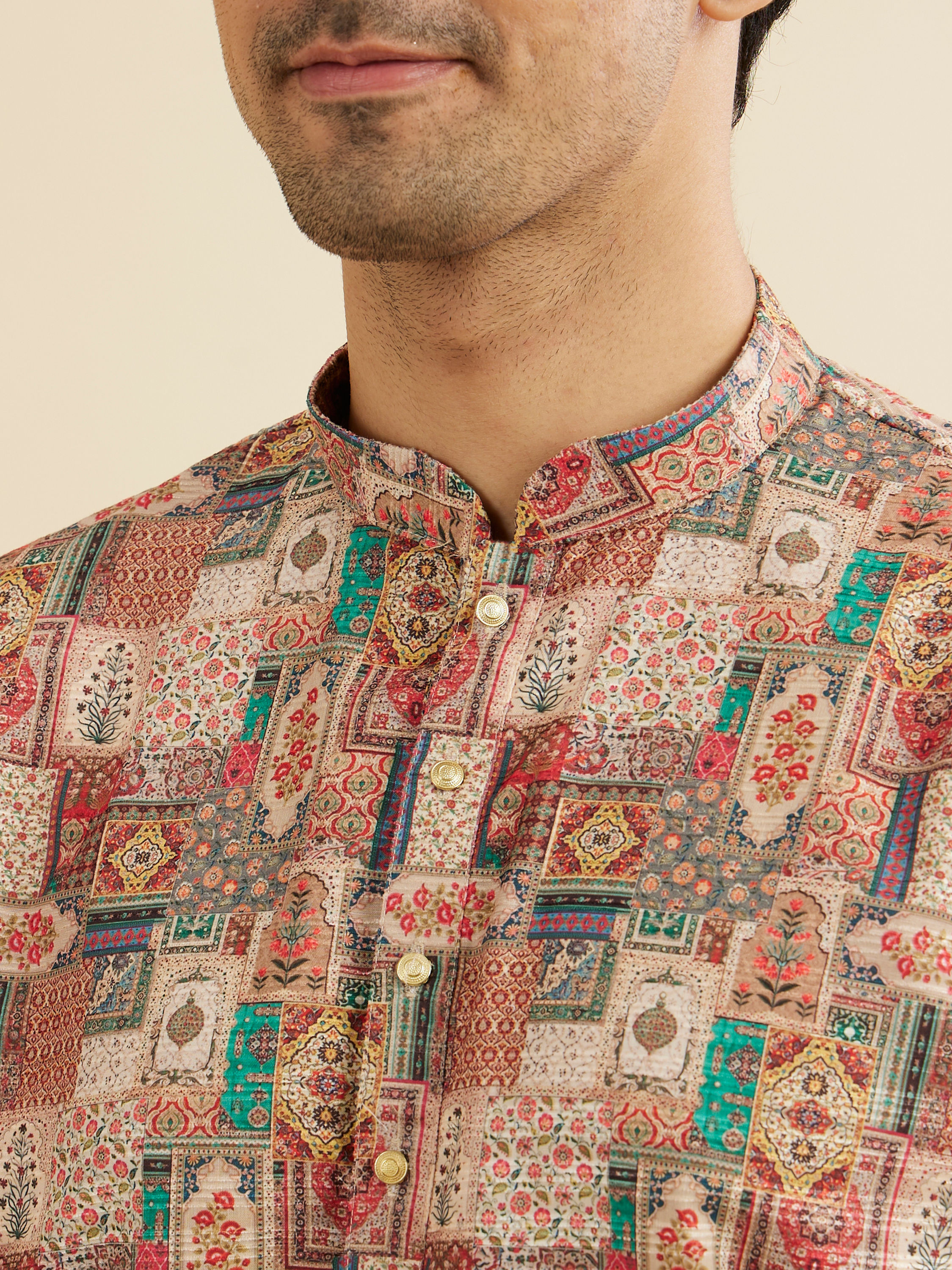 Manyavar Men Rust And Beige Abstract Printed Short Kurta