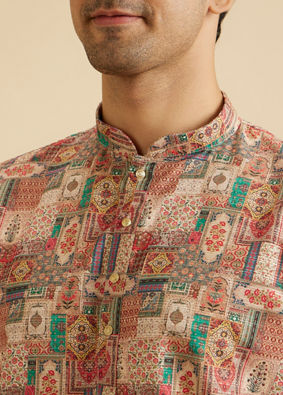 Manyavar Men Rust And Beige Abstract Printed Short Kurta