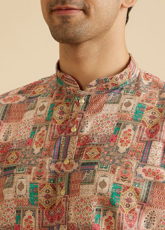 Manyavar Men Rust And Beige Abstract Printed Short Kurta