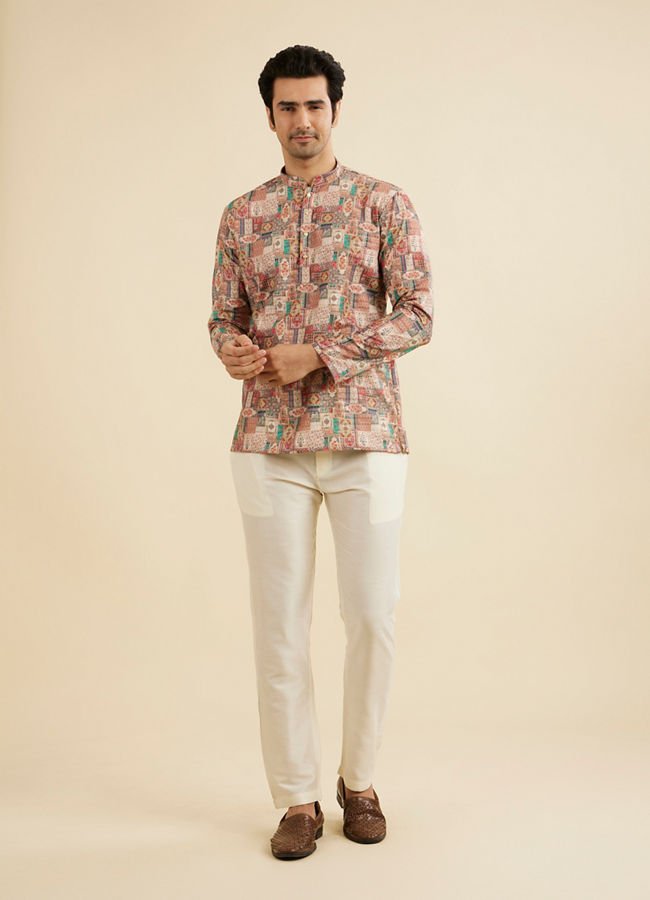 Manyavar Men Rust And Beige Abstract Printed Short Kurta