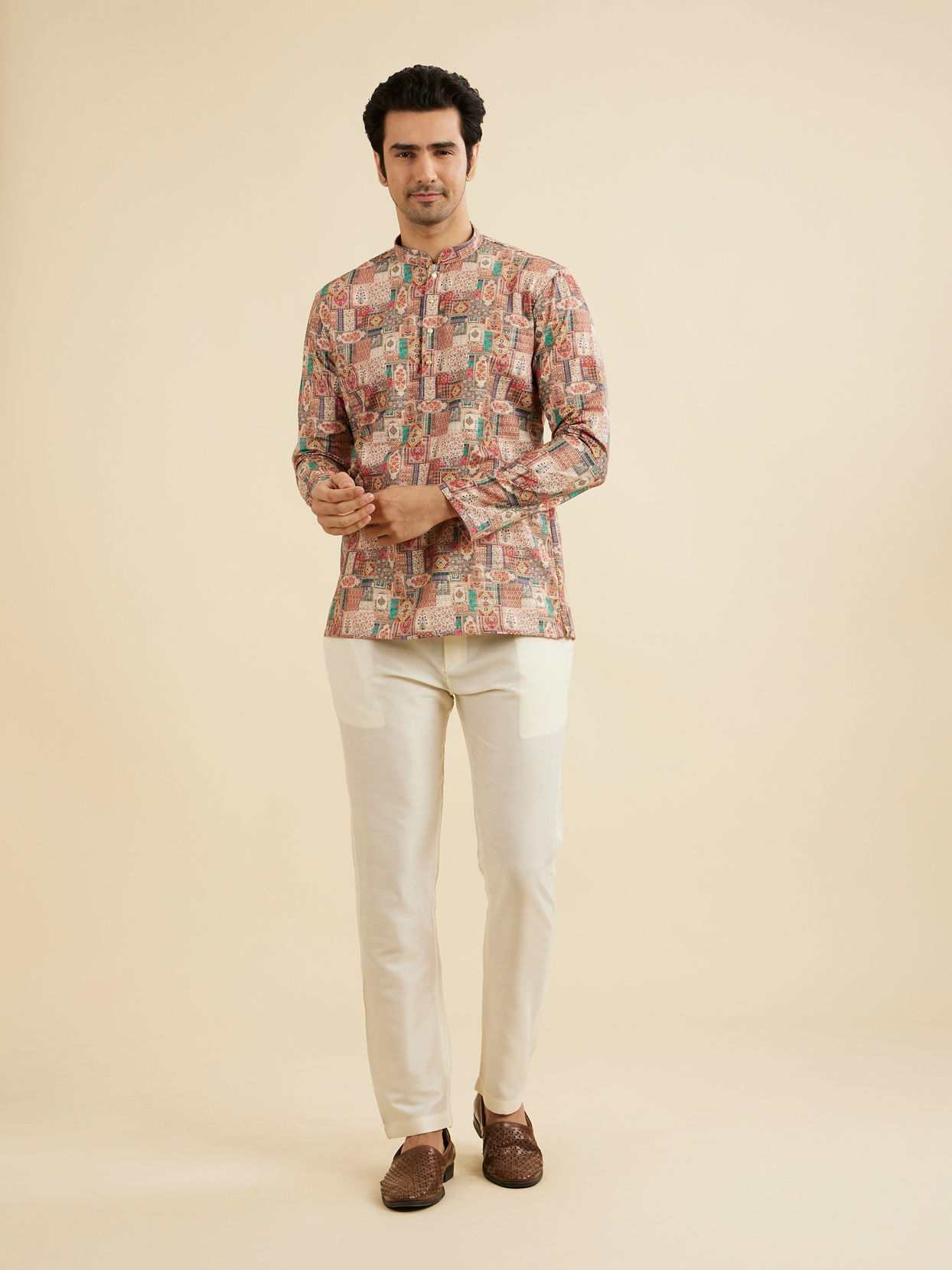 Manyavar Men Rust And Beige Abstract Printed Short Kurta