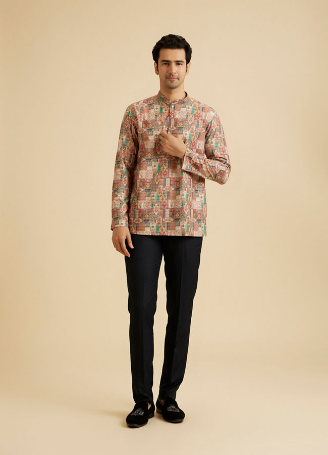 Manyavar Men Rust And Beige Abstract Printed Short Kurta