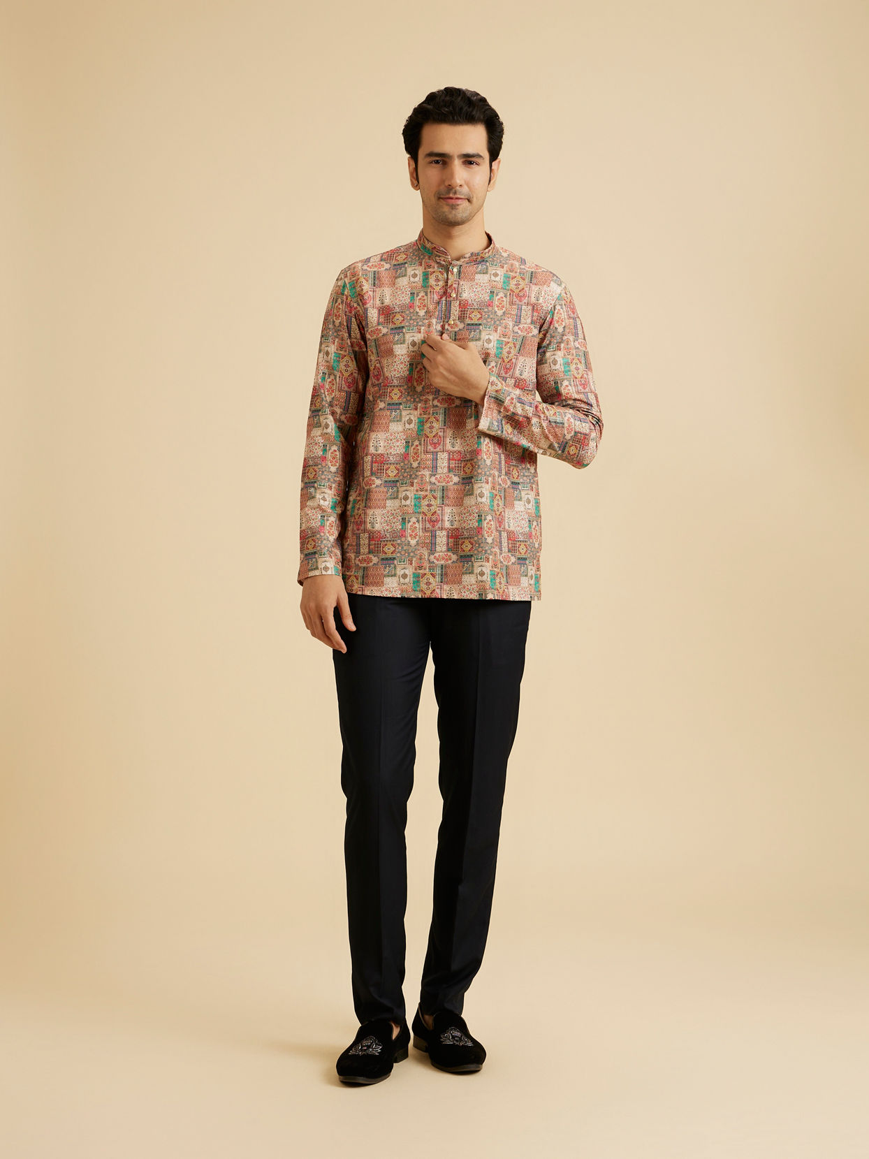 Manyavar Men Rust And Beige Abstract Printed Short Kurta