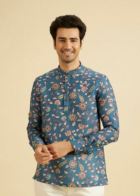 Manyavar Men Radiant Mid Blue Expression Kurta