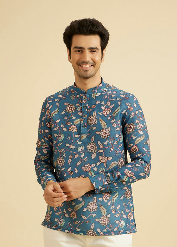 Manyavar Men Radiant Mid Blue Expression Kurta