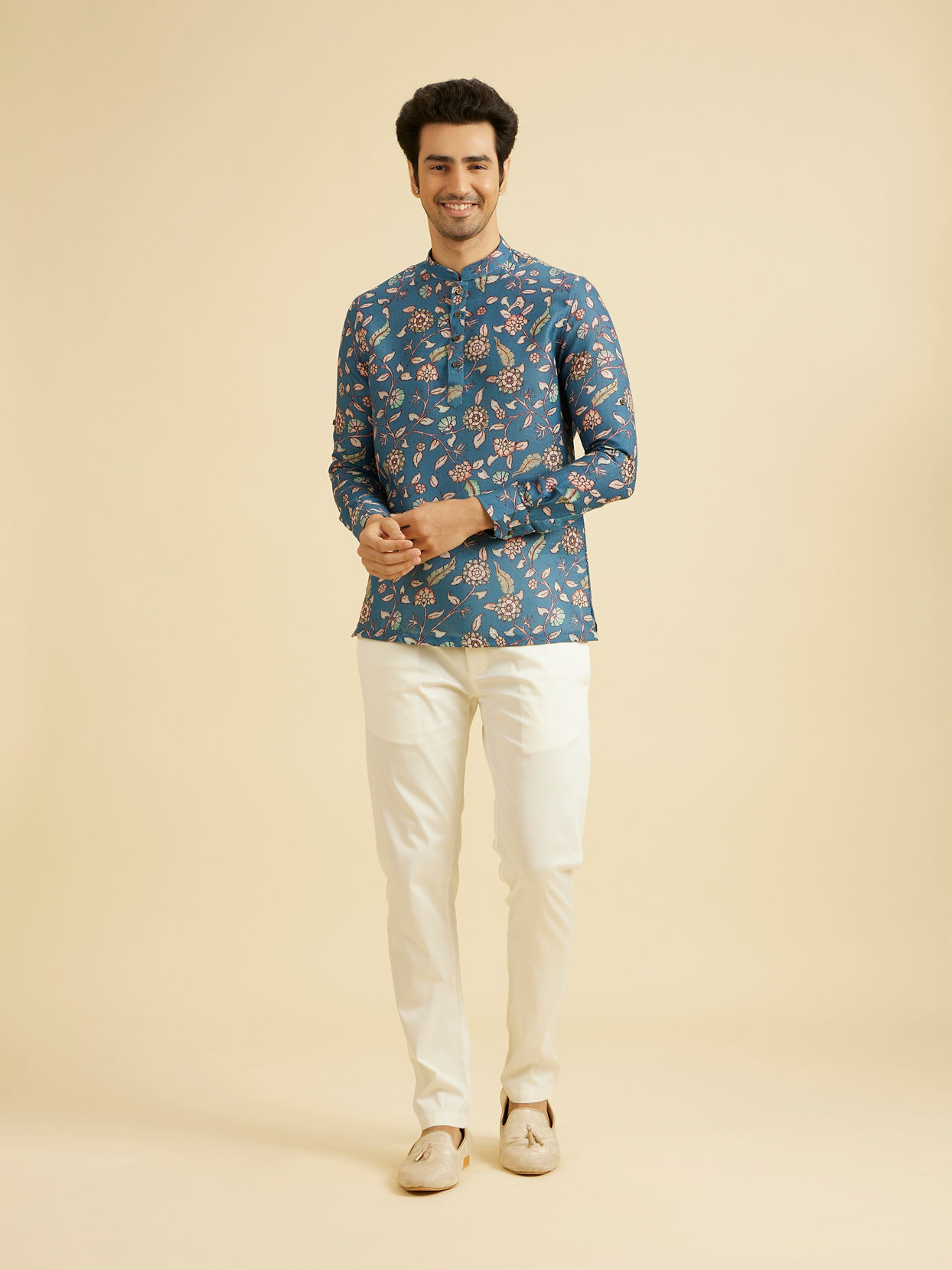 Manyavar Men Radiant Mid Blue Expression Kurta