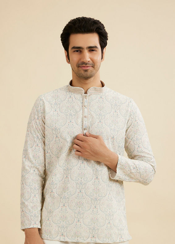 Manyavar Men Pista Green Paisley Embroidered Short Kurta with Sequin Work