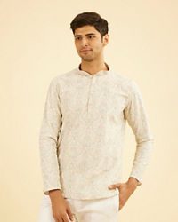 Manyavar Men Pista Green Paisley Embroidered Short Kurta with Sequin Work