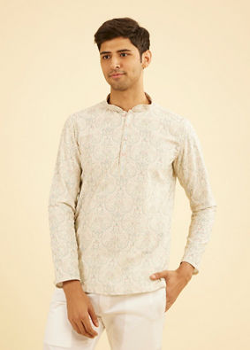 Manyavar Men Pista Green Paisley Embroidered Short Kurta with Sequin Work