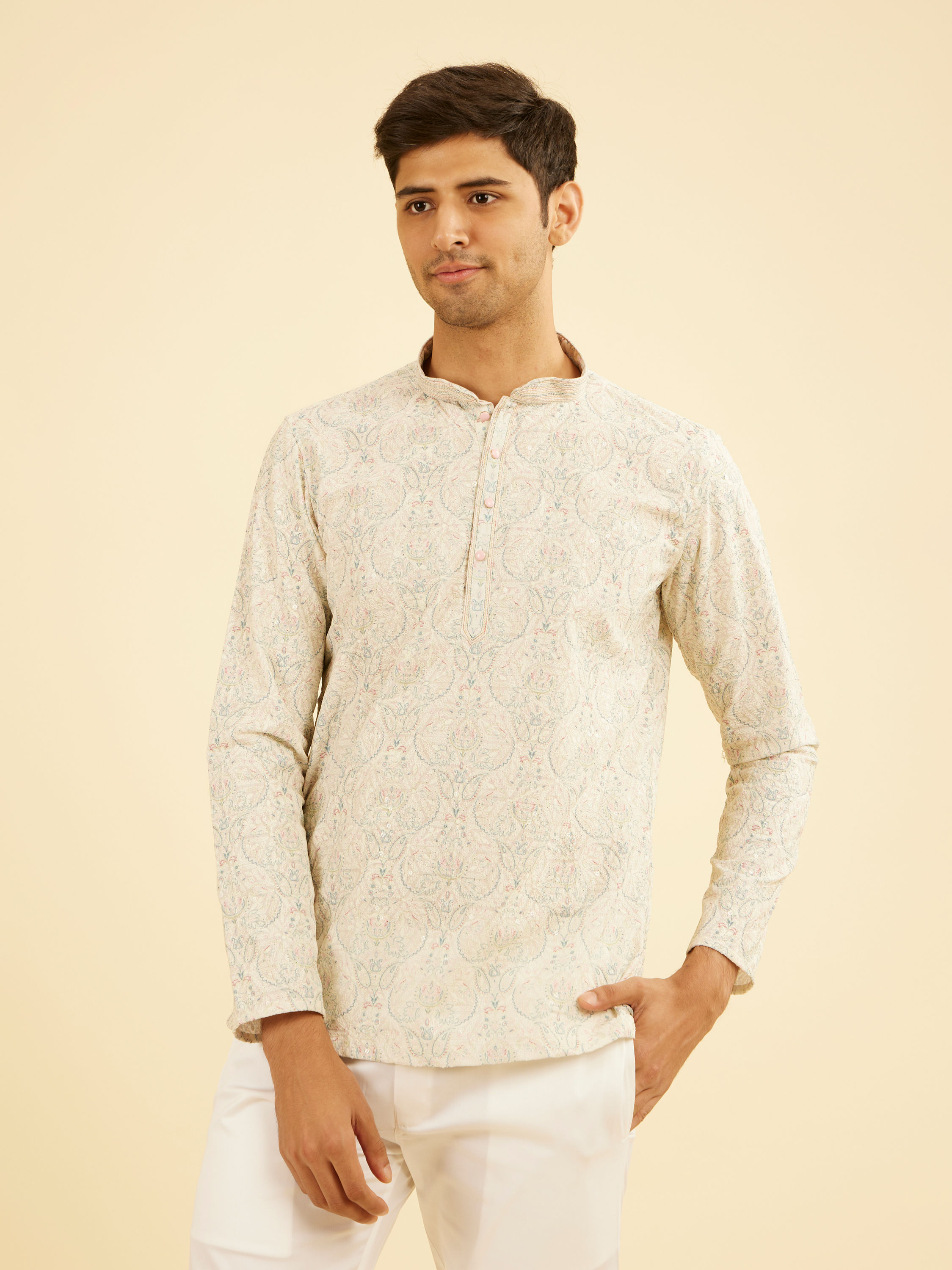 Manyavar Men Pista Green Paisley Embroidered Short Kurta with Sequin Work