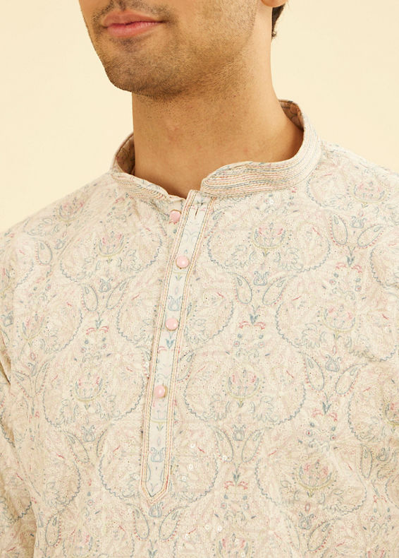 Manyavar Men Pista Green Paisley Embroidered Short Kurta with Sequin Work